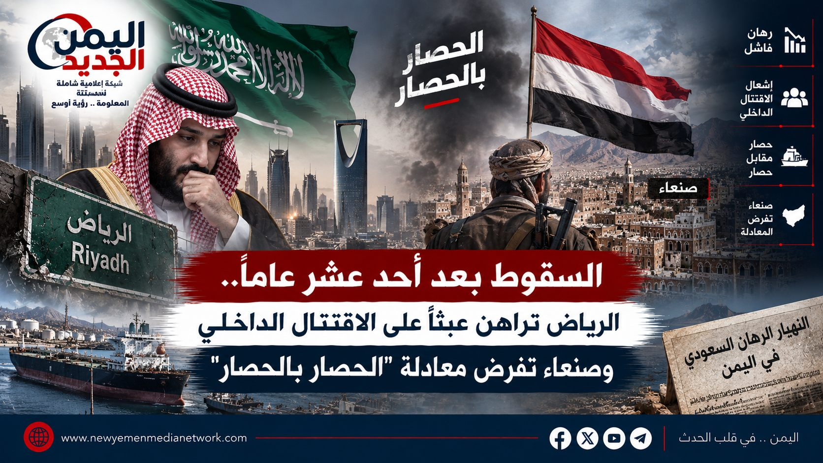 شبكة اليمن الجديد الإعلامية: السقوط بعد أحد عشر عاماً.. الرياض تراهن عبثاً على الاقتتال الداخلي وصنعاء تفرض معادلة "الحصار بالحصار"