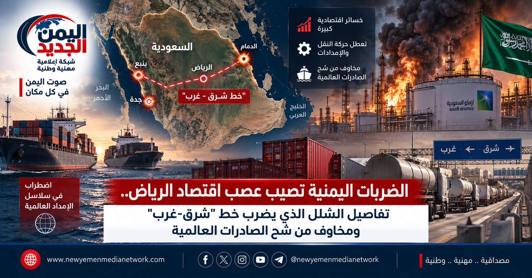 شبكة اليمن الجديد الإعلامية: الضربات اليمنية تصيب عصب اقتصاد الرياض.. تفاصيل الشلل الذي يضرب خط "شرق-غرب" ومخاوف من شح الصادرات العالمية