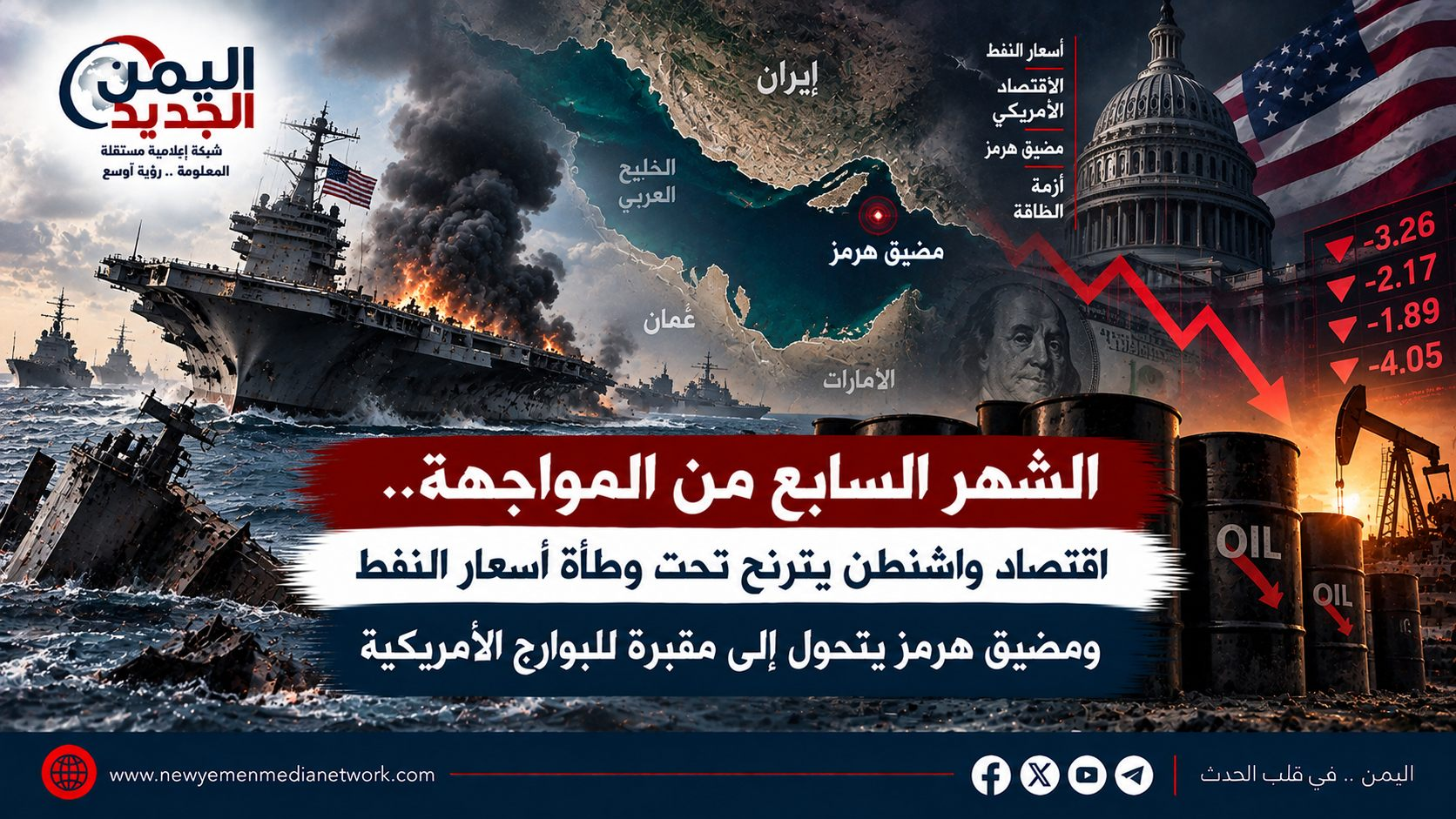 شبكة اليمن الجديد الإعلامية: الشهر السابع من المواجهة.. اقتصاد واشنطن يترنح تحت وطأة أسعار النفط ومضيق هرمز يتحول إلى مقبرة للبوارج الأمريكية