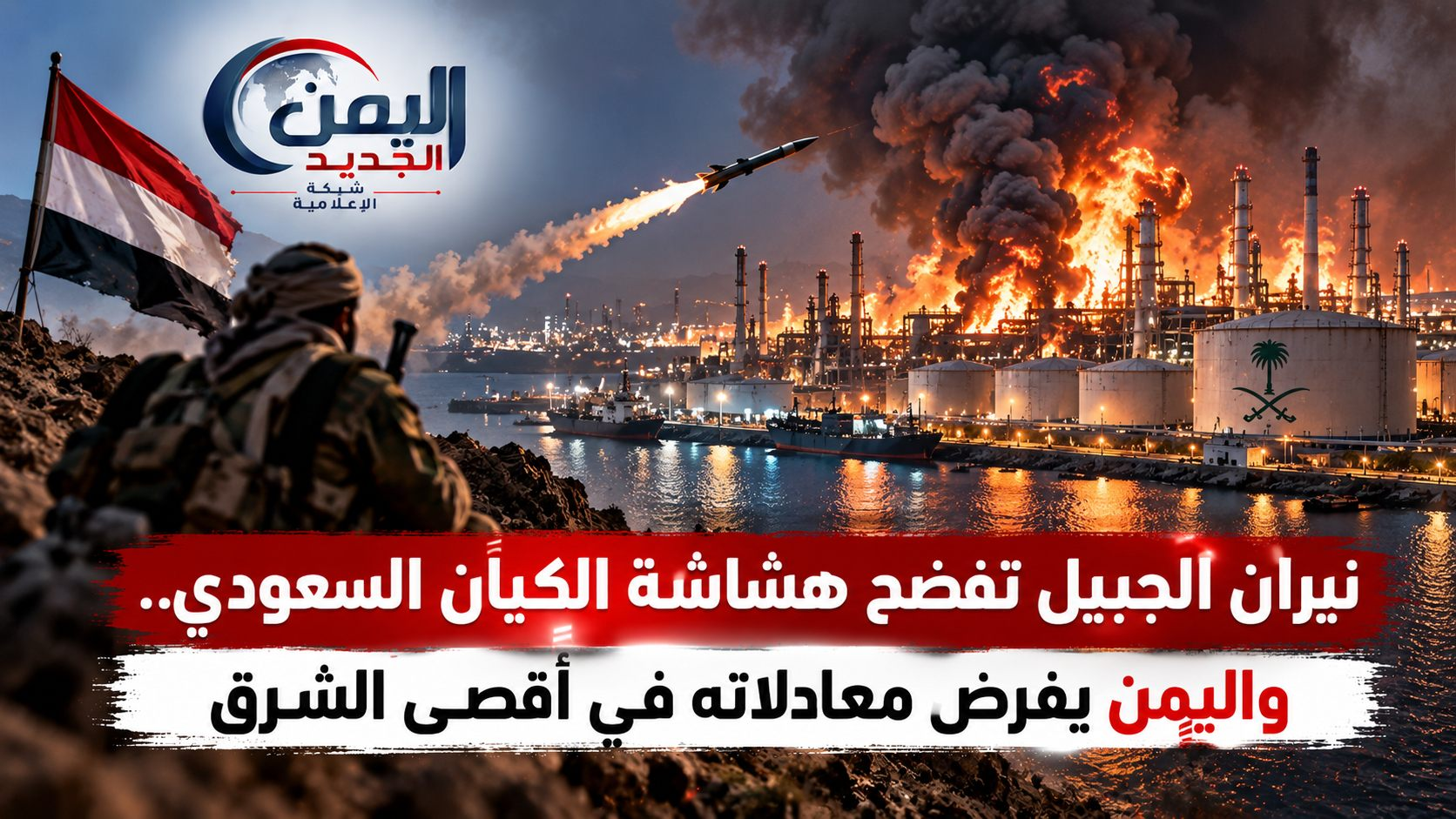 شبكة اليمن الجديد الإعلامية: نيران الجبيل تفضح هشاشة الكيان السعودي.. واليمن يفرض معادلاته في أقصى الشرق