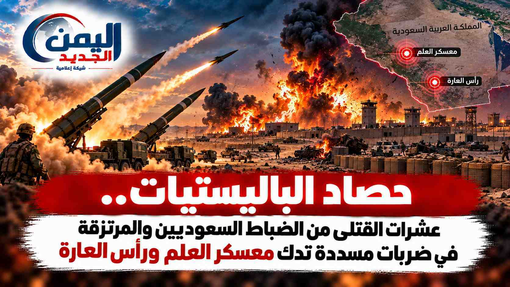 شبكة اليمن الجديد الإعلامية: حصاد الباليستيات.. عشرات القتلى من الضباط السعوديين والمرتزقة في ضربات مسددة تدك معسكر العلم ورأس العارة