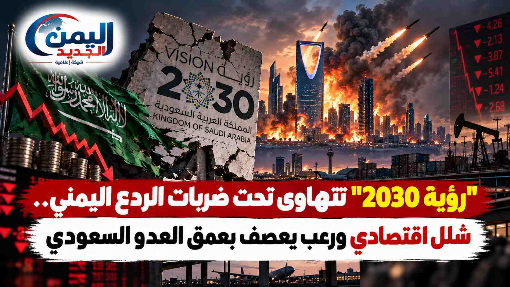 شبكة اليمن الجديد الإعلامية: "رؤية 2030" تتهاوى تحت ضربات الردع اليماني.. شلل اقتصادي ورعب يعصف بعمق العدو السعودي