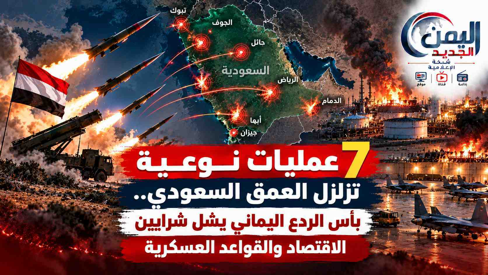 شبكة اليمن الجديد الإعلامية: 7 عمليات نوعية تزلزل العمق السعودي.. بأس الردع اليماني يشل شرايين الاقتصاد والقواعد العسكرية
