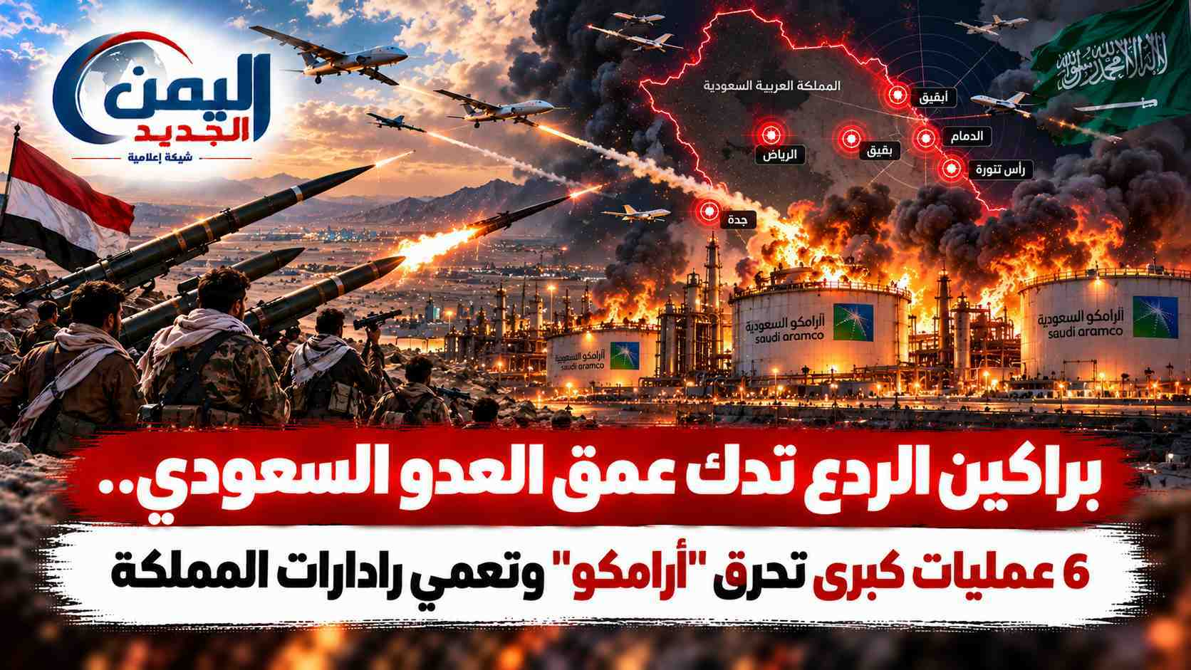 شبكة اليمن الجديد الإعلامية: براكين الردع تدك عمق العدو السعودي.. 6 عمليات كبرى تحرق "أرامكو" وتعمي رادارات المملكة