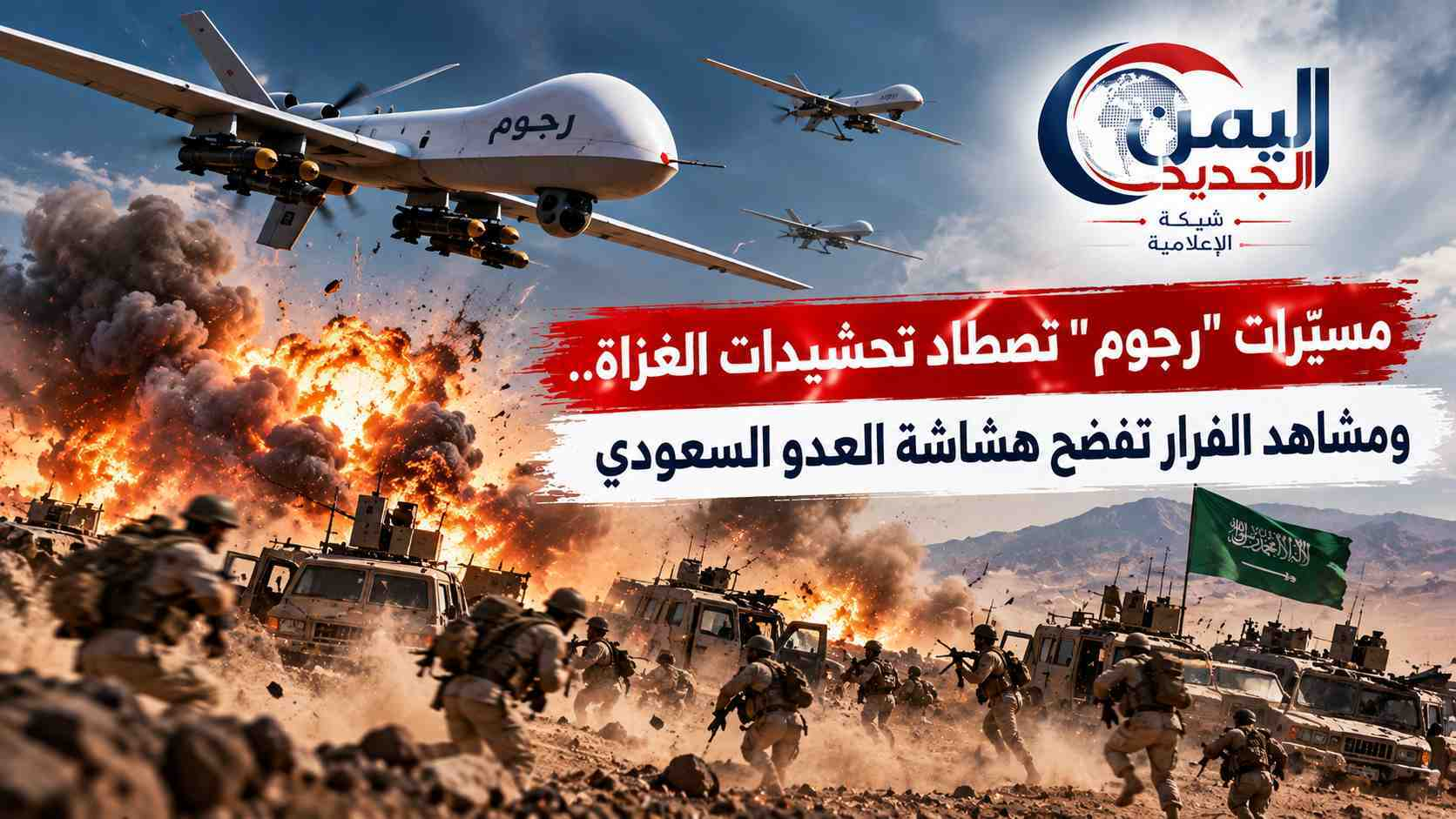 شبكة اليمن الجديد الإعلامية: مسيّرات "رجوم" تصطاد تحشيدات الغزاة.. ومشاهد الفرار تفضح هشاشة العدو السعودي
