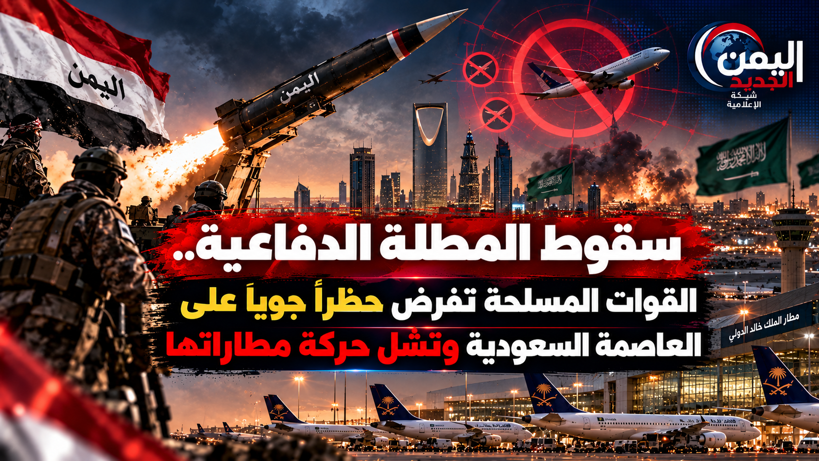 شبكة اليمن الجديد الإعلامية: سقوط المظلة الدفاعية.. القوات المسلحة تفرض حظراً جوياً على العاصمة السعودية وتشل حركة مطاراتها