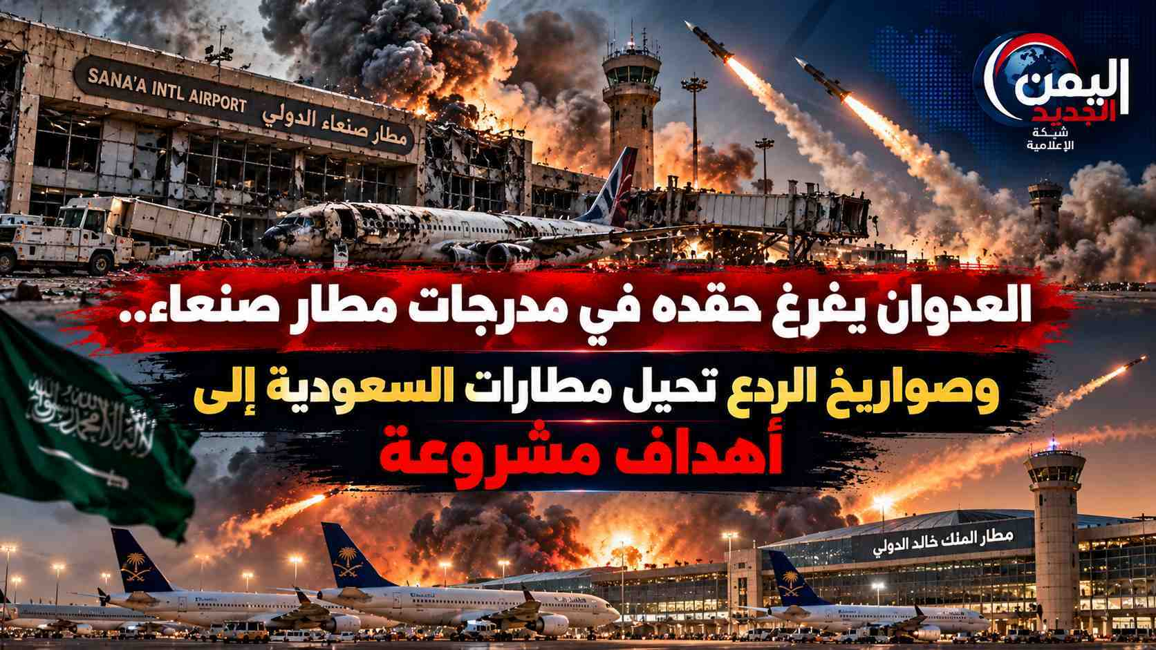 شبكة اليمن الجديد الإعلامية: العدوان يفرغ حقده في مدرجات مطار صنعاء.. وصواريخ الردع تحيل مطارات السعودية إلى أهداف مشروعة
