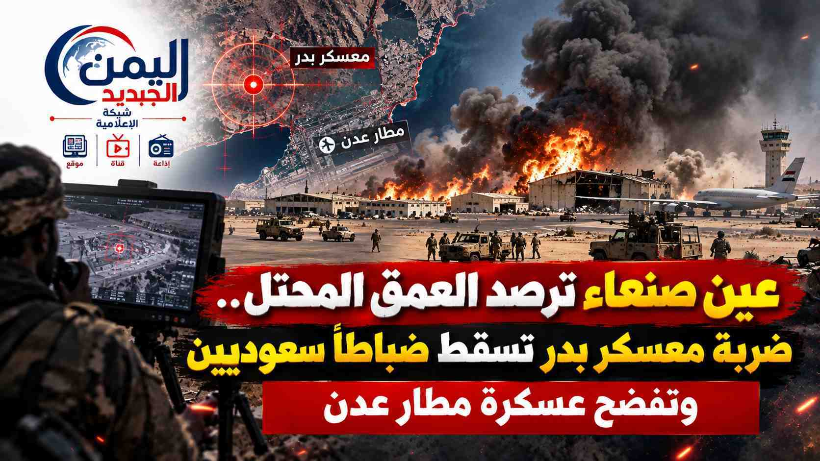 شبكة اليمن الجديد الإعلامية: عين صنعاء ترصد العمق المحتل.. ضربة معسكر بدر تسقط ضباطاً سعوديين وتفضح عسكرة مطار عدن