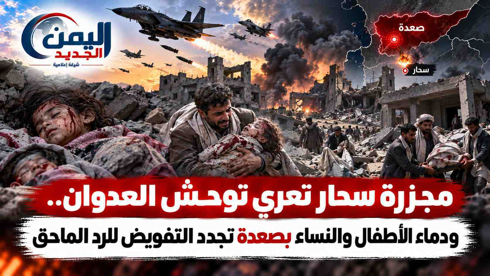 شبكة اليمن الجديد الإعلامية: مجزرة سحار تعري توحش العدوان.. ودماء الأطفال والنساء بصعدة تجدد التفويض للرد الماحق