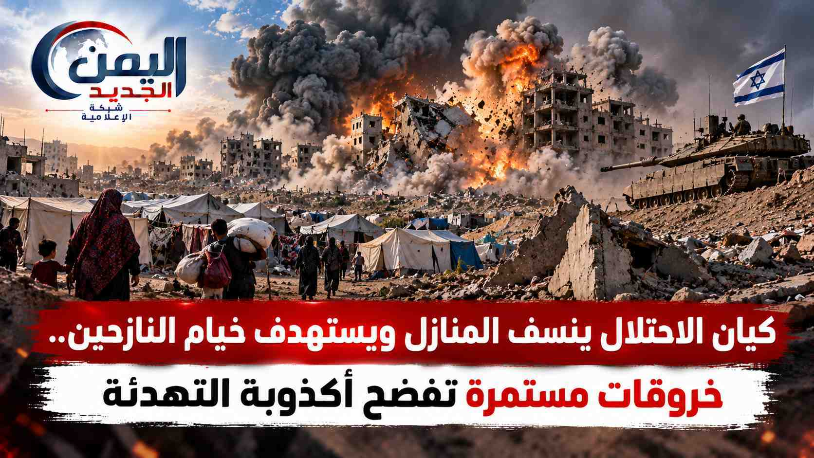 شبكة اليمن الجديد الإعلامية: كيان الاحتلال ينسف المنازل ويستهدف خيام النازحين.. خروقات مستمرة تفضح أكذوبة التهدئة